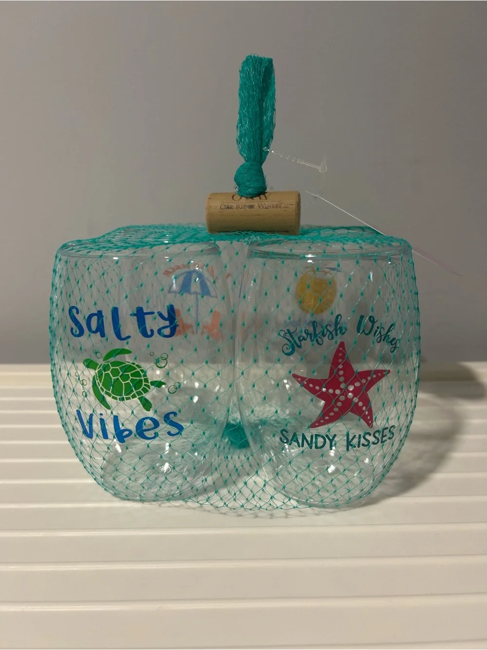 Beach themed plastic shatterproof stemless wine glasses 16oz - set includes 4